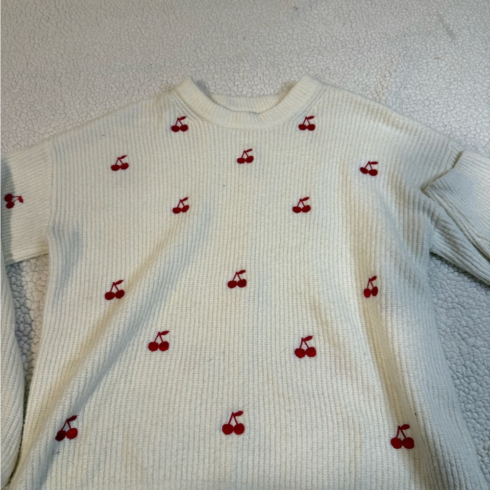 a new day Cream Knit with Red Cherry Design